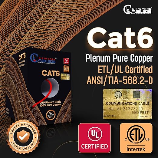 NewYork Cables | CAT6 Plenum Cable 1000ft UL/ETL Listed, 100% Pure Copper, UTP, 550MHz, 23AWG, 4Pair 10GB Ethernet Cable | Certified CMP-Rated Fire-Resistant (1000ft, Pure Copper UL Listed, Red)