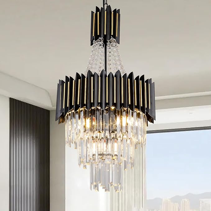 Crystal Chandelier Light 15.8" 7-Light K9 Crystal Pendant Lighting 3-Tier Black Gold Luxury Hanging Light Fixture for Dining Room Living Room Kitchen Bedroom Stairway