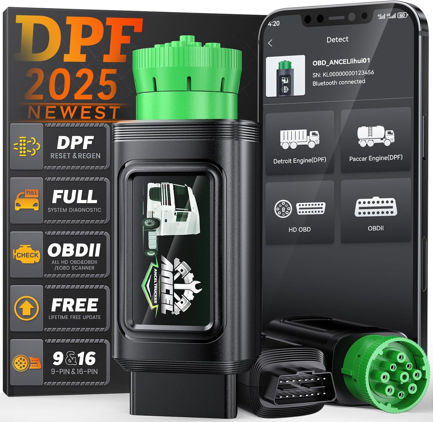 ANCEL HD110 Heavy Duty Truck Scanner with DPF Regen and Reset for Detroit Paccar Engine, Full System HDOBD & OBD2 Scanner for Diesel Trucks Lifetime Free Updates