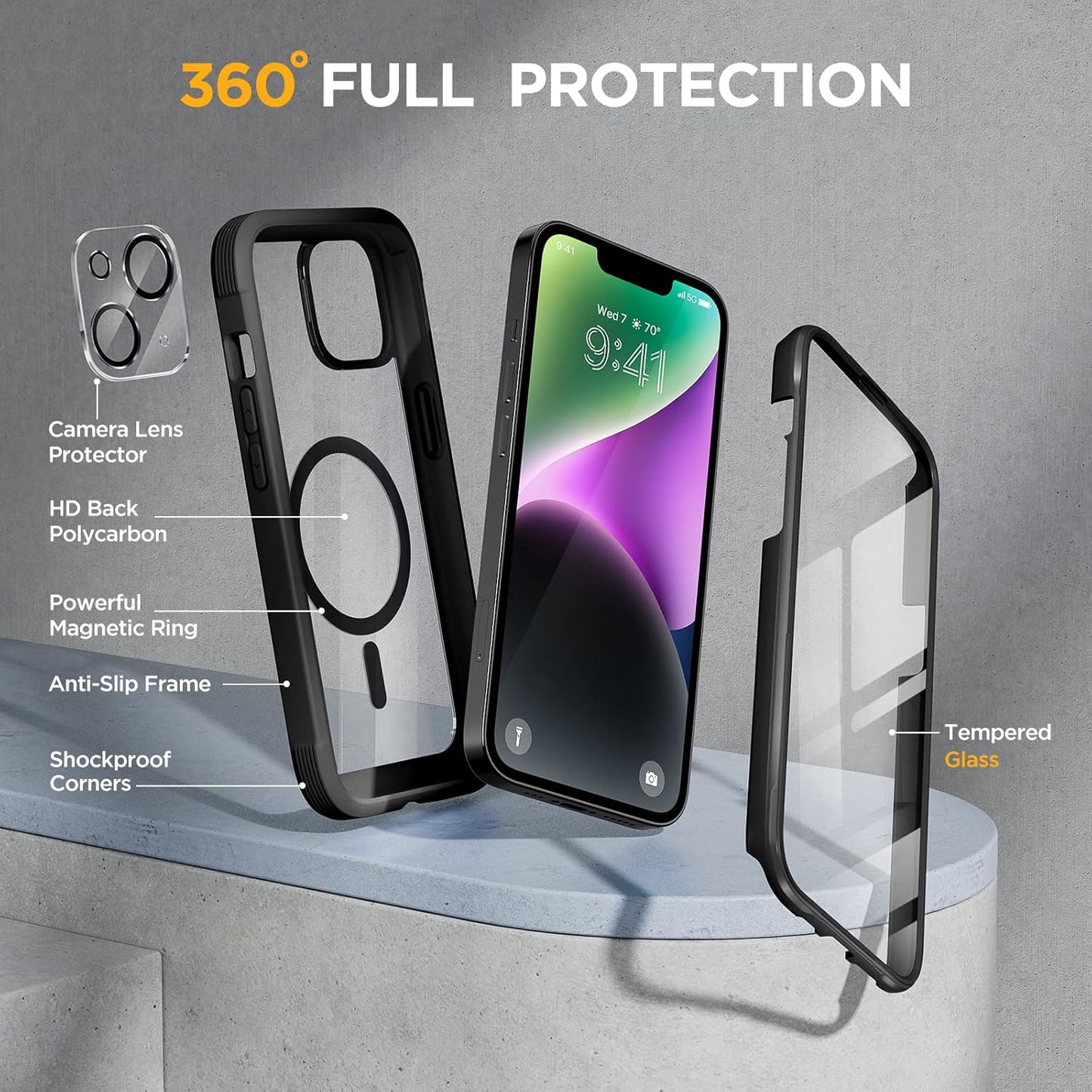 Miracase Glass Series Designed for iPhone 14 Plus Case 6.7 inch, 2023 Upgrade Full-Body Magnetic Clear Case with Built-in 9H Tempered Glass Screen Protector,Compatible with MagSafe,Black