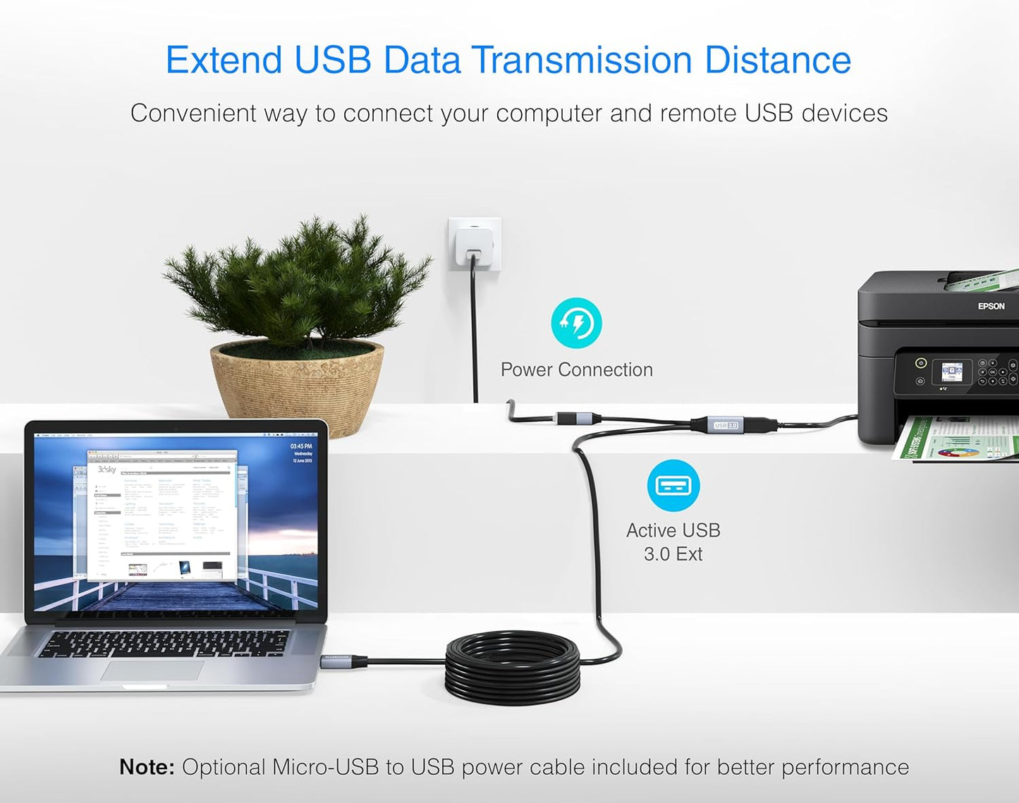 BlueRigger USB 3.0 Extension Cable (50FT, Active, 5 Gbps, In-Wall CL3 Rated, Type A Male to Female Adapter Cord) - Long USB Repeater Extender for VR Headset, Printer, Hard Drive, Keyboard, Mouse, Xbox