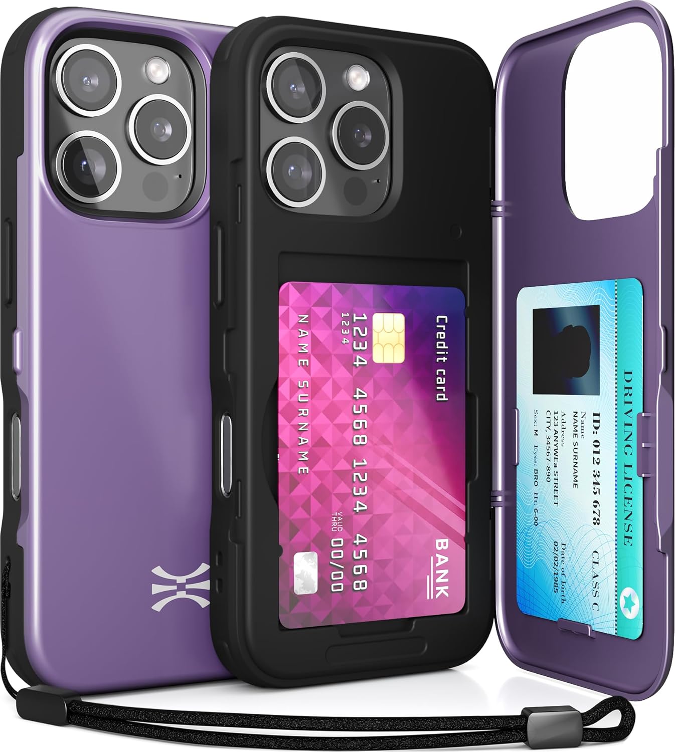 TORU CX Slim for iPhone 16 Pro Case Wallet | Protective Shockproof Heavy Duty Cover with Hidden Card Holder & Card Slot | Mirror & Wrist Strap Included - Purple