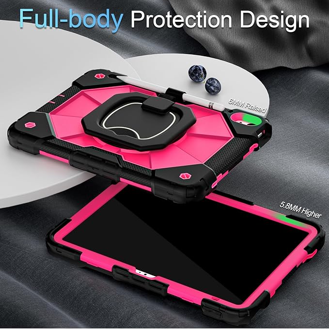 Case for iPad 10th Generation 10.9 Inch/iPad 11 Inch (A16) 2025 11 Inch,10th Generation Case with 360 Rotating Stand Screen Protector,Heavy Duty Shockproof Cover for iPad10th,Black Pink
