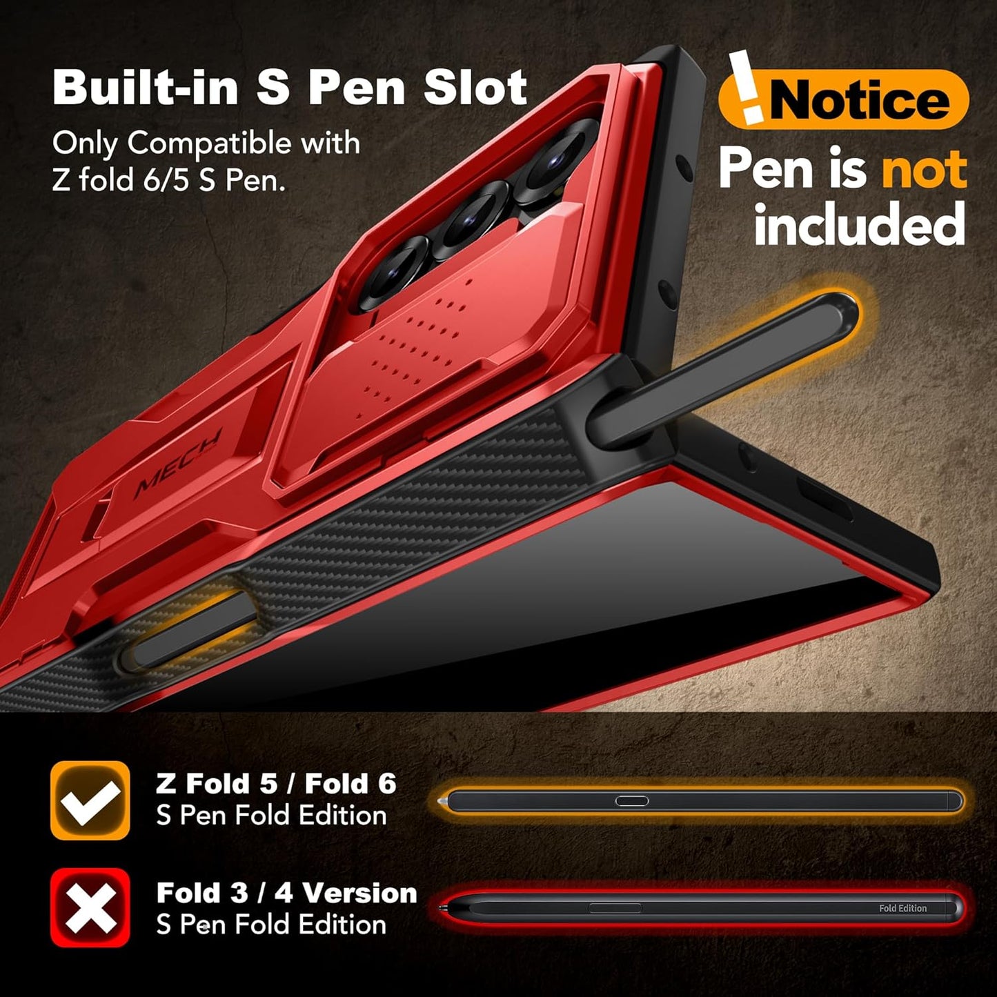 TONGATE for Z Fold 6 Case, [with S Pen Slot & Hinge Protection] [Privacy Glass Screen Protector] Full-Body Military Drop Phone Case for Samsung Galaxy Z Fold 6 with Kickstand & Belt Clip, Red Privacy