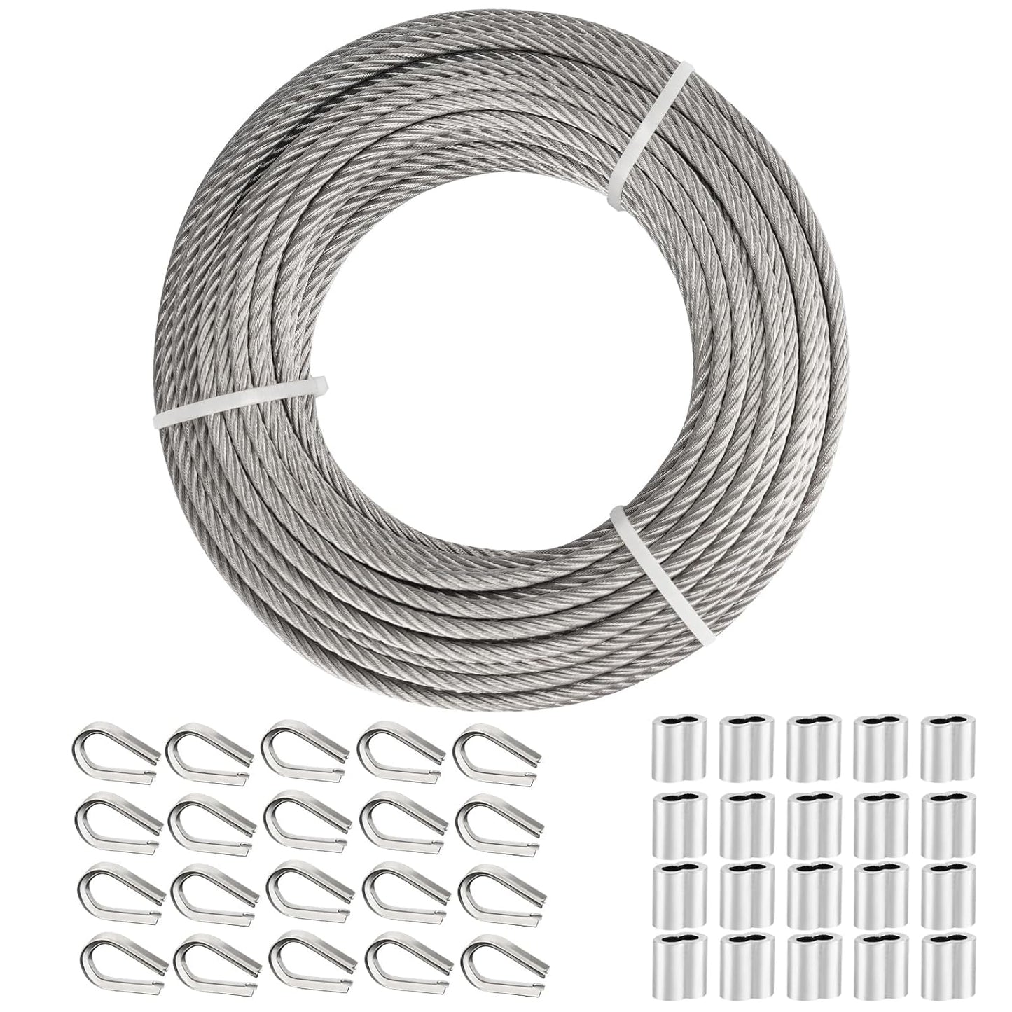 TooTaci 3/16" Stainless Steel Cable, 100ft Wire Rope with Aluminum Crimping Sleeve&Thimbles, 7x19 Strands, 3700lbs Breaking Strength Heavy Duty Aircraft Cable for Zipline, Deck Railing, Shade Sail