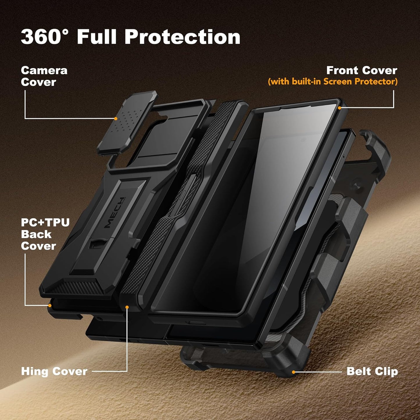 TONGATE for Z Fold 6 Case, [with S Pen Slot & Hinge Protection] [Privacy Glass Screen Protector] Full-Body Military Drop Phone Case for Samsung Galaxy Z Fold 6 with Kickstand & Belt Clip, Black