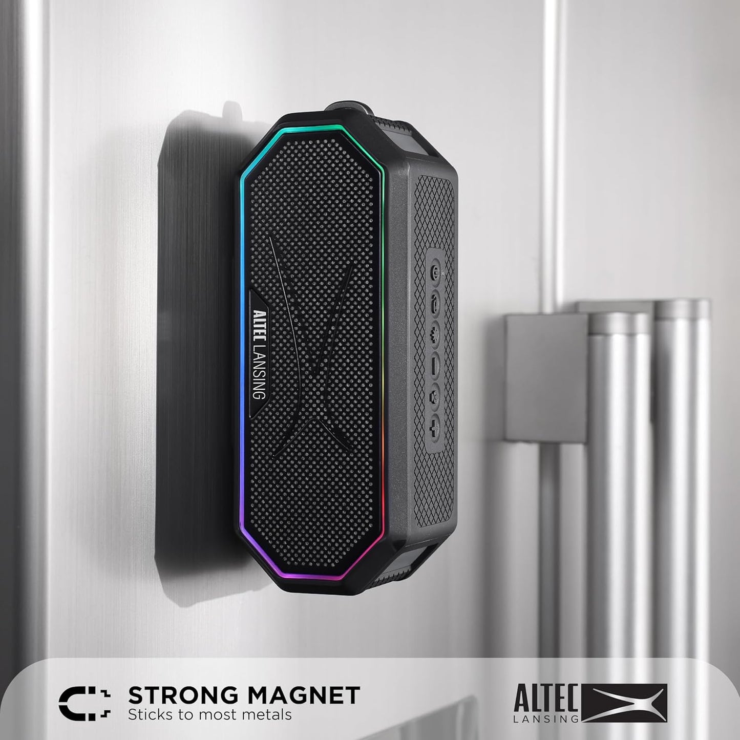 Altec Lansing Magnetic Bluetooth Speaker HYDRAJOLT 2.0, Waterproof IP67, 12W Output Power, 16H Battery, Multicolor LED, 100ft Wireless Range, Voice Assistant, USB-C Quick Charge