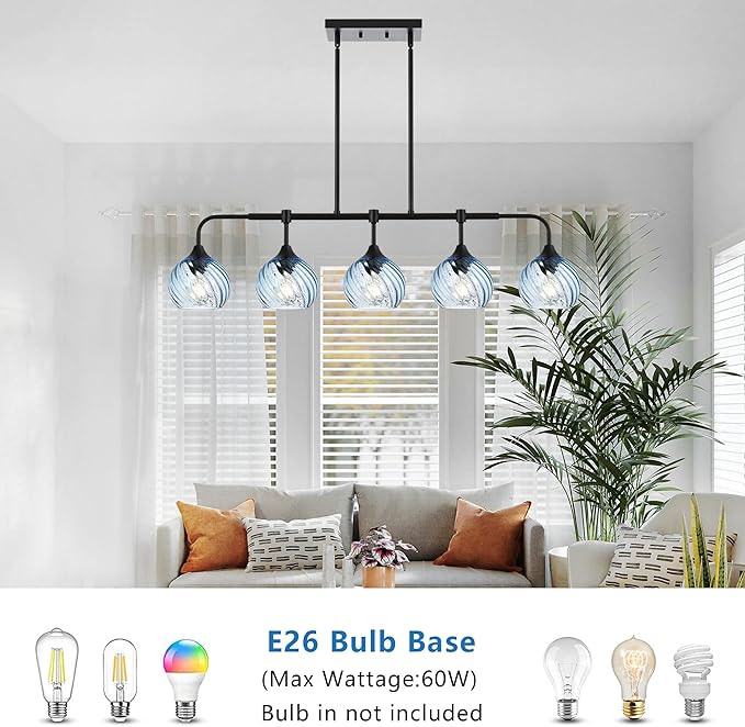 MELUCEE 5-Light Kitchen Island Lighting Linear Dining Room Light Fixtures Ceiling Hanging with Blue Striped Swirl Glass Shade, Modern Black Chandelier for Dining Room Kitchen Island Bar, E26 Base
