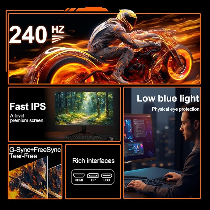 27 Inch Gaming Monitor, FHD 1920 x 1080, 240Hz Refresh Rate, Fast IPS Panel, 1ms Response Time, FreeSync & G-Sync Compatible, 100% sRGB, 16.70 Million Colors, HDMI & DP Ports (R27 Fury)