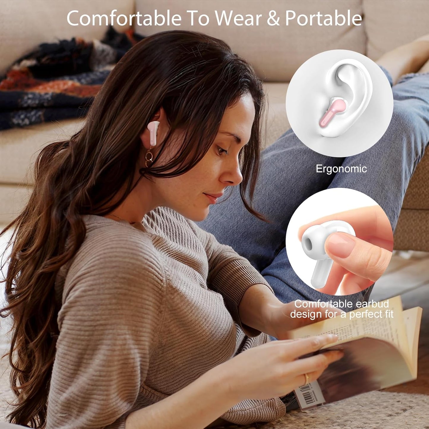 Wireless Earbuds, Bluetooth 5.4 Headphones HiFi Stereo, Bluetooth Earbuds with ENC Noise Cancelling Mic, IP7 Waterproof in Ear Earphones, 48H, LED Display Ear buds for Pad Phone Workout Sports, Pink