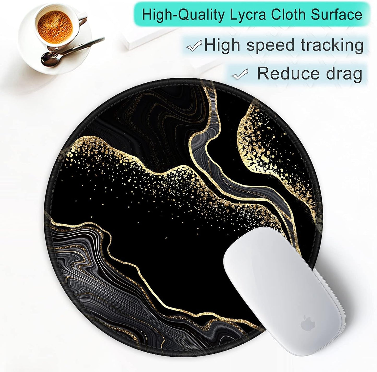 ITNRSIIET Round Mouse Pad with Stitched Edge Premium-Textured Waterproof Non-Slip Rubber Base Desktop Protection Mat Diameter 8.7 inches, Black Gold Marbling