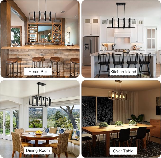 4-Light Island Lights for Kitchen, Rectangular Black Metal Kitchen Island Chandelier 31.5" Adjustable Rustic Modern Dining Room Light Fixtures Over Table, Chandeliers for Dining Room