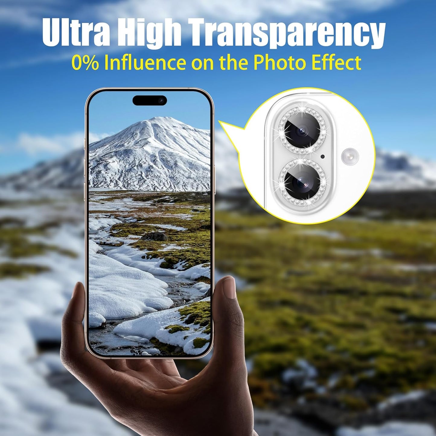 AGVEE 3+3 6 Pack for iPhone 16 6.1" / 16 Plus 6.7" Camera Lens Cover Protector, Bling Diamond & Bling Glitter Metal Ring 9H Tempered HD Glass Camera Cover Protector Film, Bling-Silver