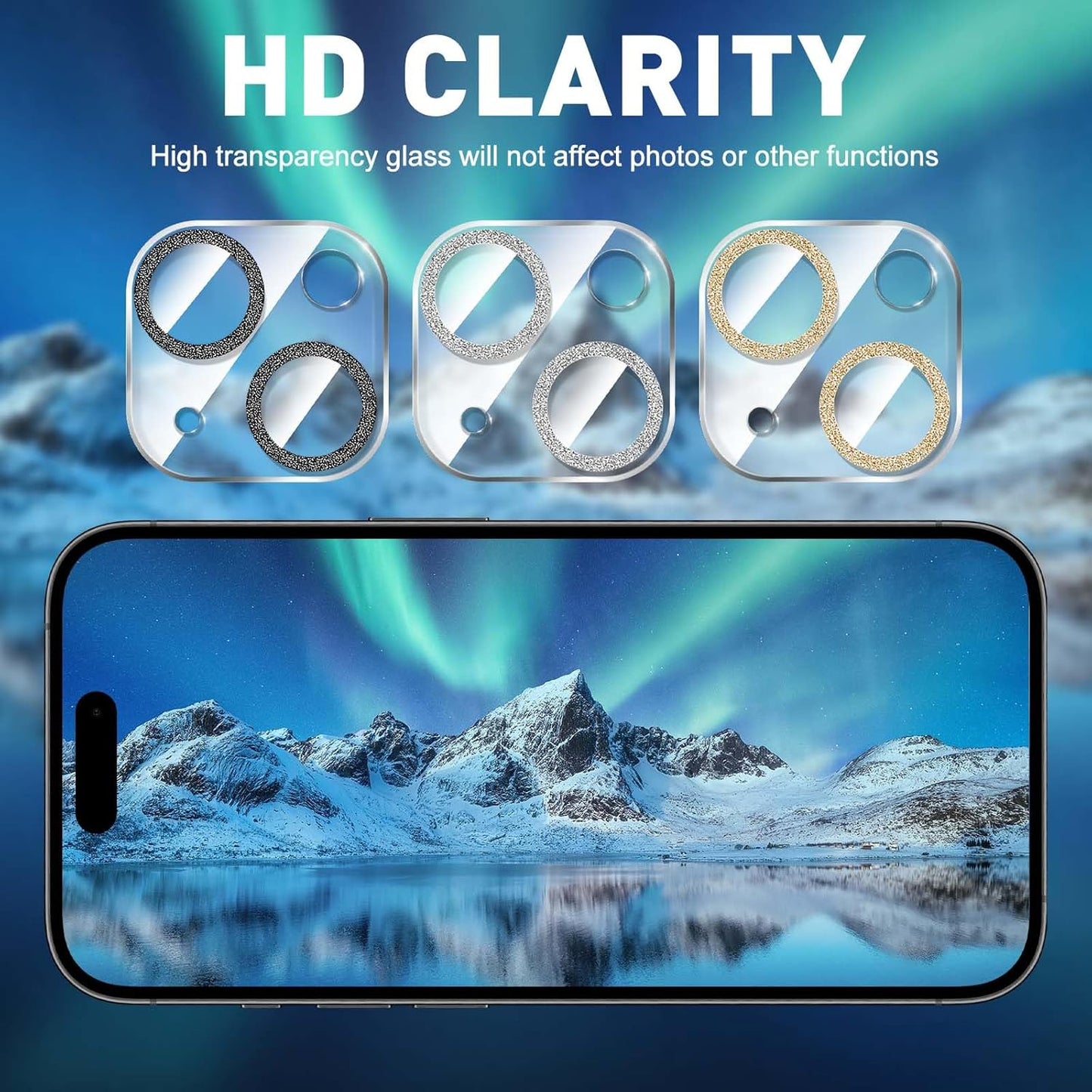LucBuy 3PCS Sparkling Camera Lens Protector for iPhone 15/iPhone 15 Plus, Full Clear Acrylic Cover with Shiny Colorful Glitter Designed Decoration Back Camera Protector