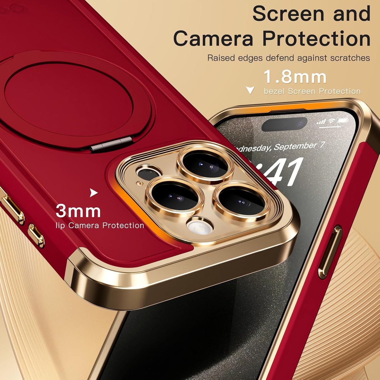 COOLQO for iPhone 14 Pro Max Case 6.7'' Upgraded 360° Spin Magnetic Stand [Compatible with Magsafe][Military Protection] Shockproof Protective Phone Holder Cover for iPhone 14 Pro Max, Red Gold