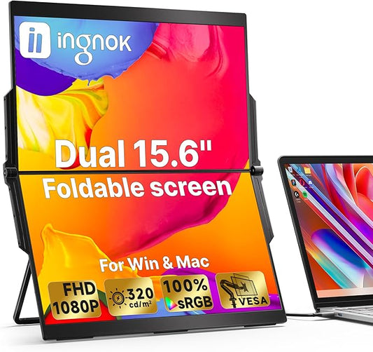 Ingnok 15.6" Dual Monitor, FHD 1080P 100% sRGB Laptop Screen Extender for Windows Mac, with 4 Speakers, 2 HDMI USB C Ports, for Office Gaming Triple Monitor