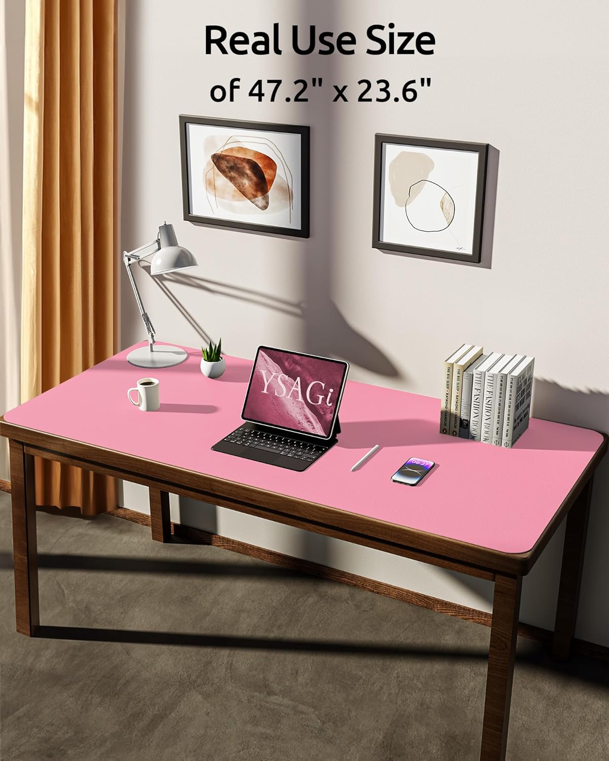 YSAGi Leather Desk Protector, Office Mat, Large Mouse Mat, Non-Slip PU Leather Blotter, Laptop Desk, Waterproof Writing Pad for Office and Home (Pink, 47.2" x 23.6")
