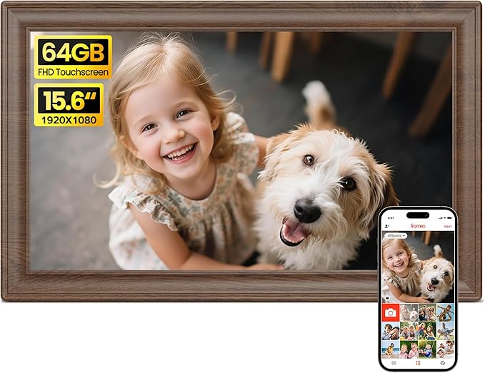 64GB 15.6" Frameo Digital Picture Frame WiFi, Large Electronic Photo Frames Wood 1920 x 1080 IPS FHD Touch Screen, Send Photos from Your Phone from Anywhere, Best Gifts for Family and Friends