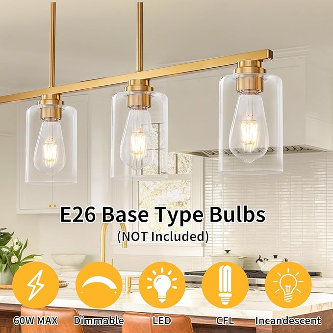 Island Light for Kitchen, Brushed Gold Dining Room Light Fixture Over Table, 5-Light Linear Chandelier Pendant Lighting for Dining Table Kitchen Island Living Room