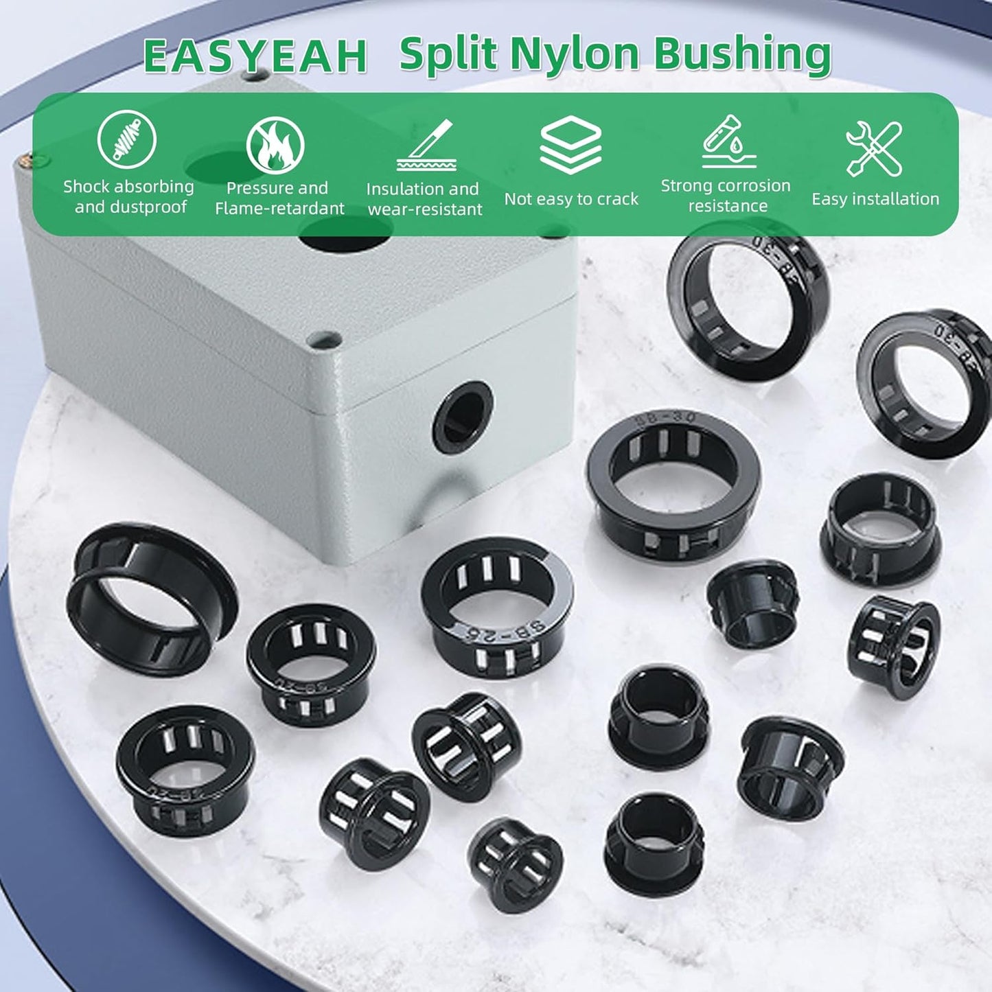 5/16"(8mm) Black Snap-in Knockout Insulating Bushing Grommets, Plastic Cable Hole Grommets for Wiring, Round Nylon Snap in Locking Electrical Wire Cord Hose & Tubing Bushings Grommets, 70pcs