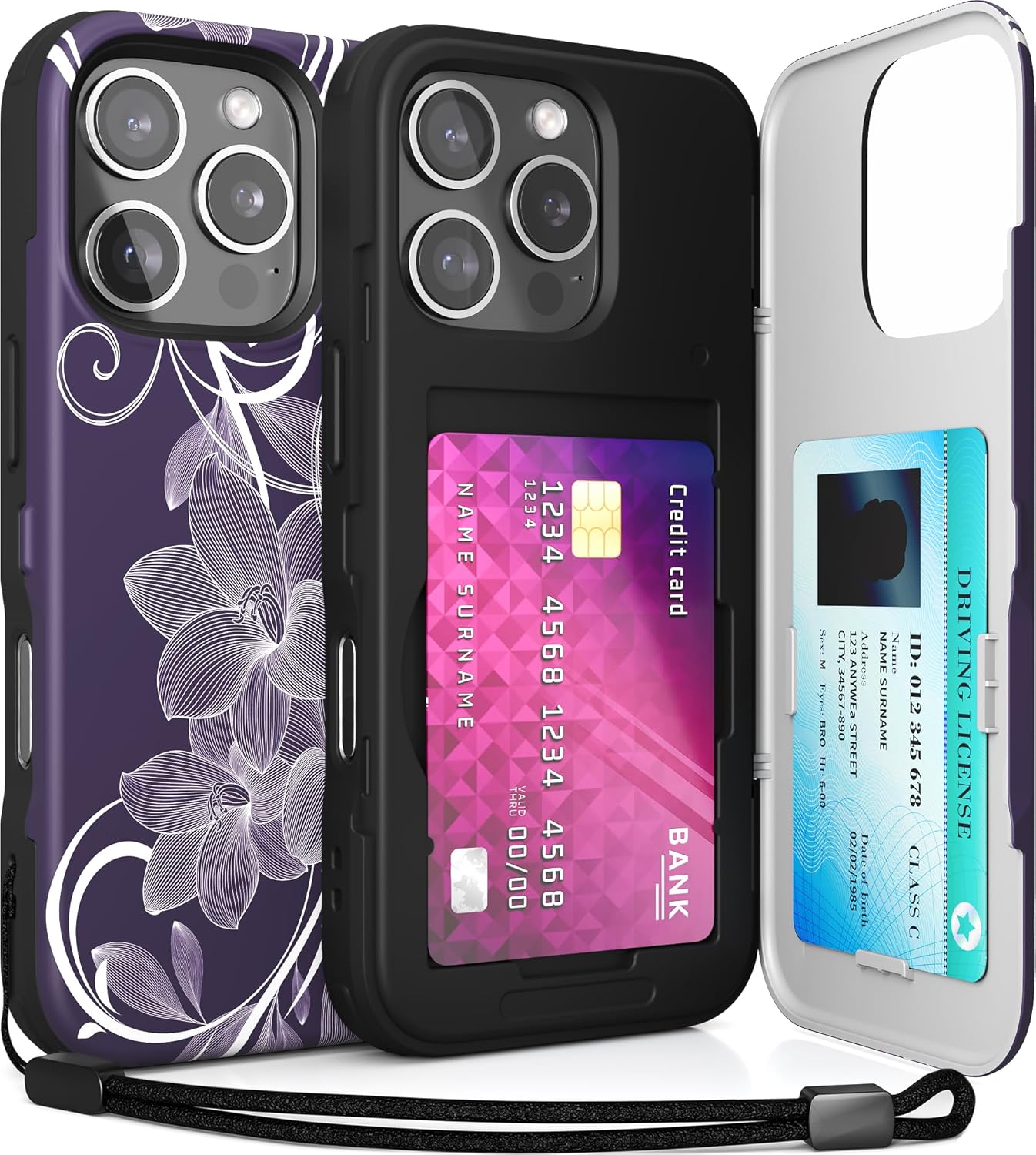 TORU CX Slim for iPhone 16 Pro Case Wallet | Protective Shockproof Heavy Duty Cover with Hidden Card Holder & Card Slot | Mirror & Wrist Strap Included - Flowers