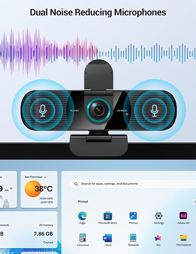 RUWBY Full HD 1080P Webcam with Built-in Dual Mics, Wide-Angle Lens, Privacy Cover, Tripod Stand, Autofocus Computer Camera, Plug and Play for Desktop PC or Laptop