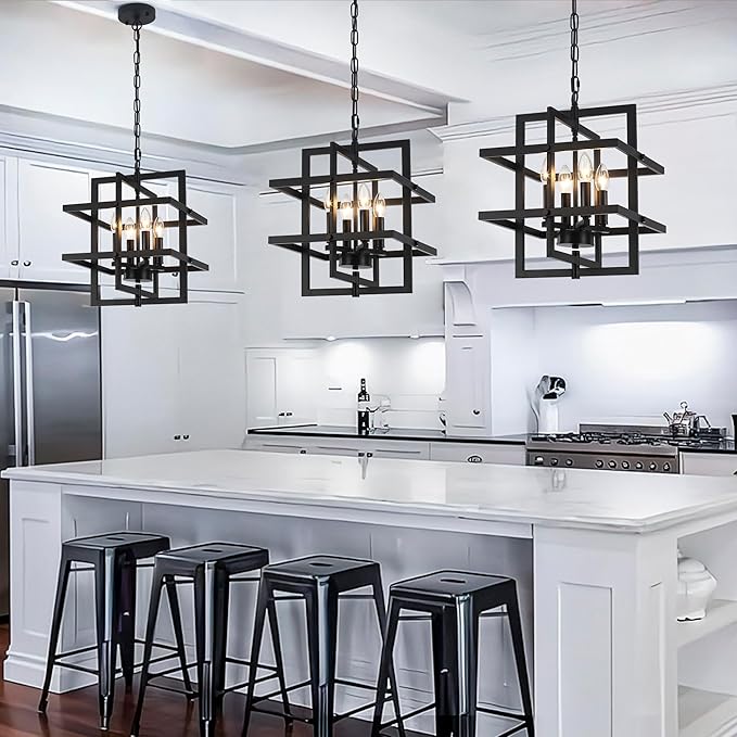 Modern Black Chandelier Rectangle Industrial Chandeliers Dining Room Hanging Pendant Light Fixtures for Kitchen Island Living Room Bedroom Foyer Height Adjustable
