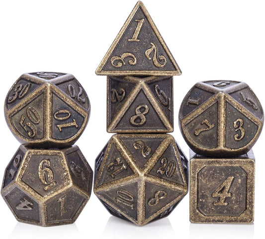 DnDnD Ancient Design Dice, 7PCS Brass DND Metal Dice with Metal Box for Table Games Dungeons and Dragons D&D
