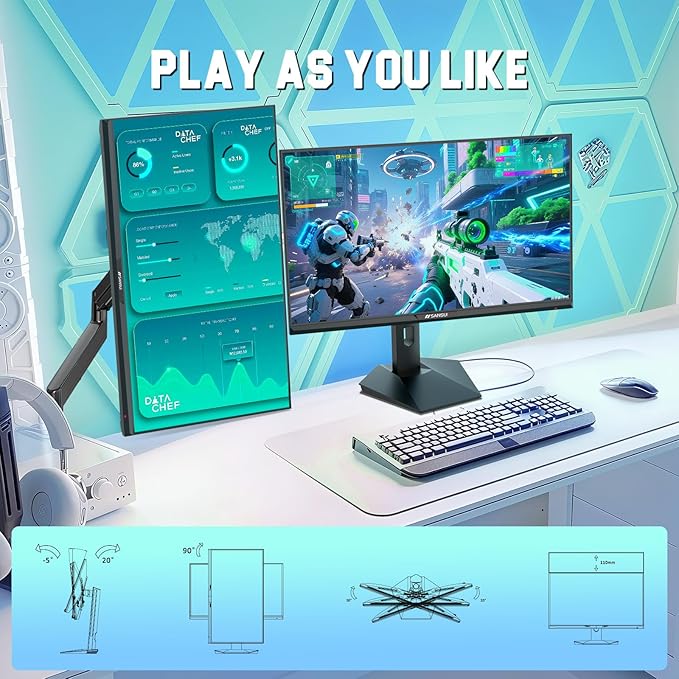 SANSUI Gaming Monitor 27" 1440P 200Hz 180Hz WQHD 2560×1440-AMD FreeSync 1ms DCI-P3 95% Fast IPS Computer Monitor,Height Adjustable Vertical/Horizontal Rotating, 2×DisplayPort/HDMI 丨HDR丨Low Motion Blur