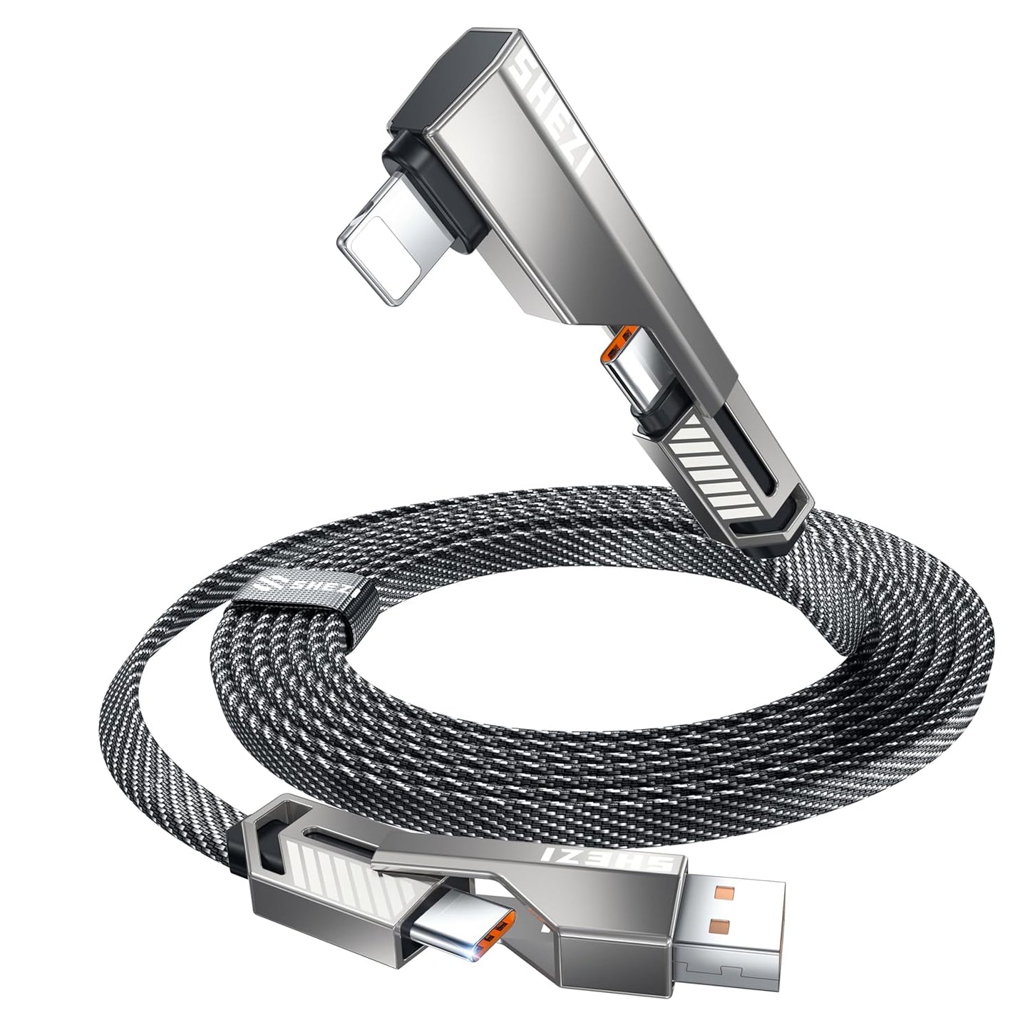 4-in-1 Long USB C Cable 10FT Compatible with Lightning Cable 90 Degree Fast Charging Flat Nylon Braided for iPhone/iPad Charger Cord Multi Charge Cord with L/USB C/USB A Ports, Grey