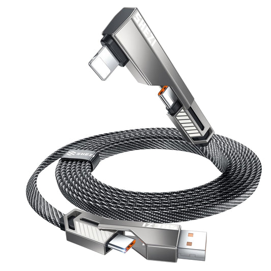 4-in-1 Long USB C Cable 10FT Compatible with Lightning Cable 90 Degree Fast Charging Flat Nylon Braided for iPhone/iPad Charger Cord Multi Charge Cord with L/USB C/USB A Ports, Grey