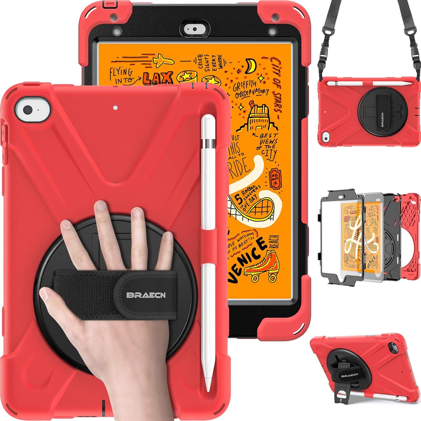 BRAECN iPad mini 5 Case,iPad mini 4 Case, Heavy Duty Shockproof Protective Rugged Case with Pencil Holder,Hand Strap,Kickstand, Shoulder Strap for iPad mini 5th/4th Generation 7.9 Inch for Kids