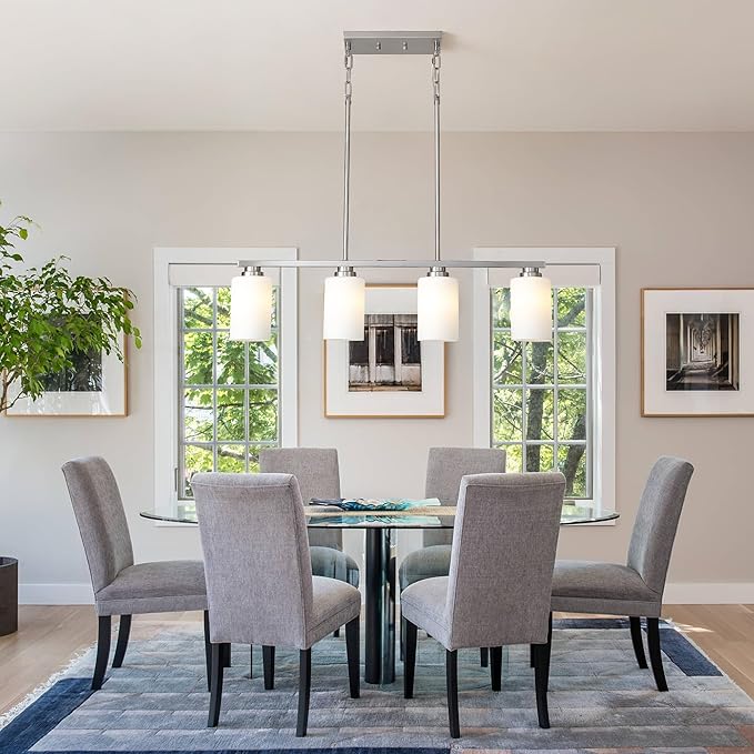 Island Light for Kitchen, Brushed Nickel Dining Room Light Fixture Over Table with Milk Glass Shade, 4-Light Linear Chandelier Pendant Lighting for Dining Table Kitchen Island Living Room
