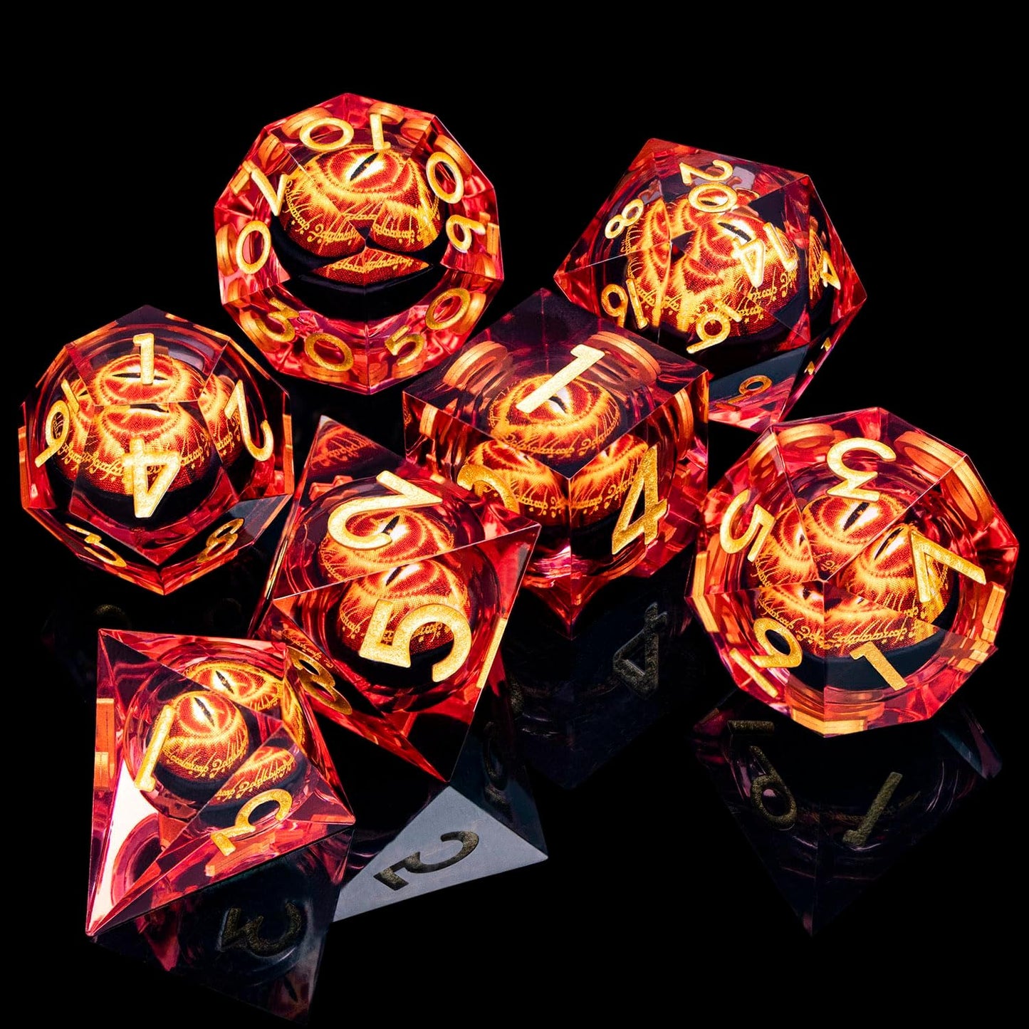 ARUOHHA DND Resin Dice Gazes Eye Dice Liquid Core Flaming RPG Sharp Edged Dice Set with Gift Box, Polyhedral D and D Dice Set Compatible with Dungeons Dragons Role Playing Game D20 D12 D10 D8 D6