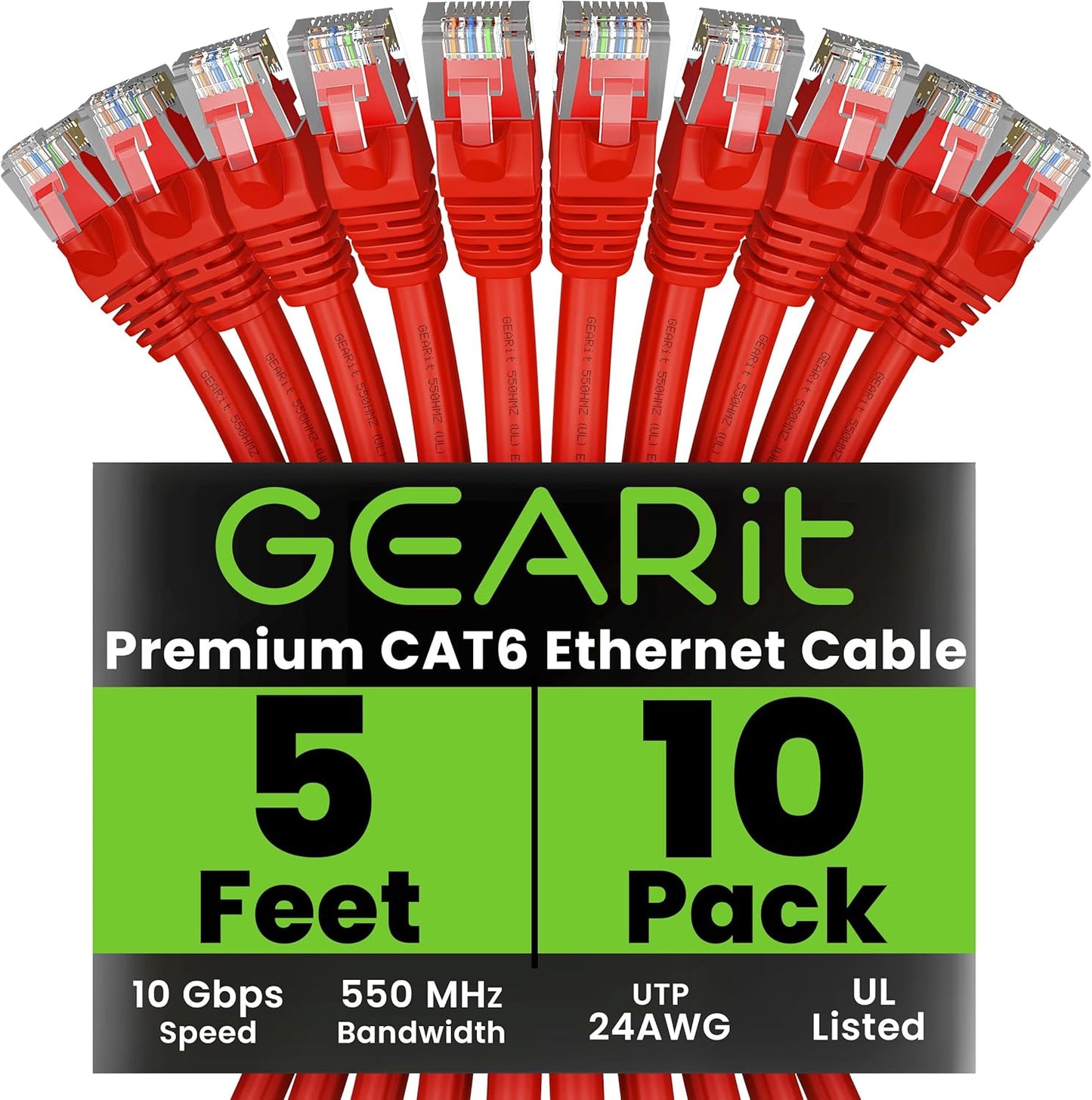GearIT Cat 6 Ethernet Cable (10-Pack 5 Feet) Cat6 Network Patch, 10Gbps, RJ45, Snagless Cord, Gold-Plated Connectors, Internet for PC, TV, Tablet, Router, Printer, Servers, IT Data Center - Red