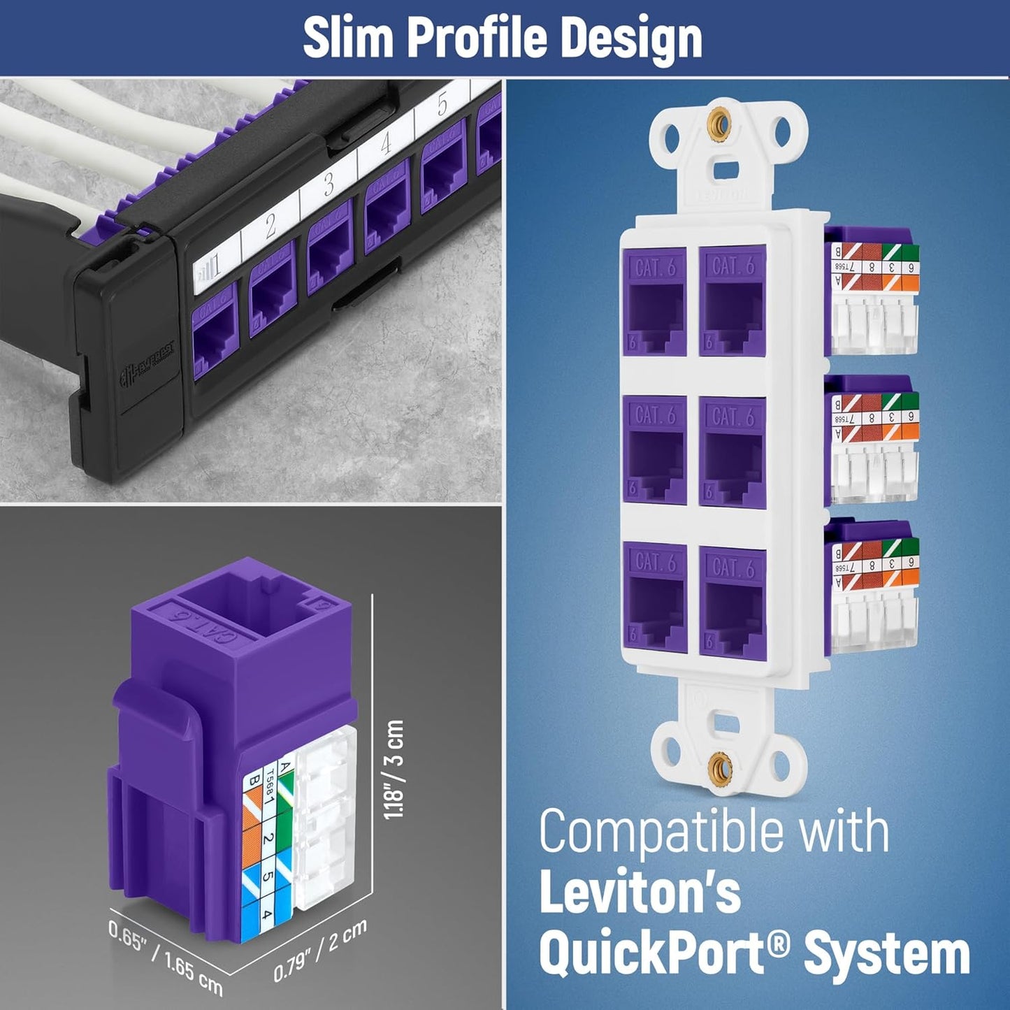 Everest 90° Angled RJ45 Cat6 Keystone Jacks 20-Pack in Purple - Slim Profile Female RJ45 Connectors - Cat 6 Keystone Jack - Compatible with 90° Angled Speed Termination Tool - easyJACK (B094WB91H3)