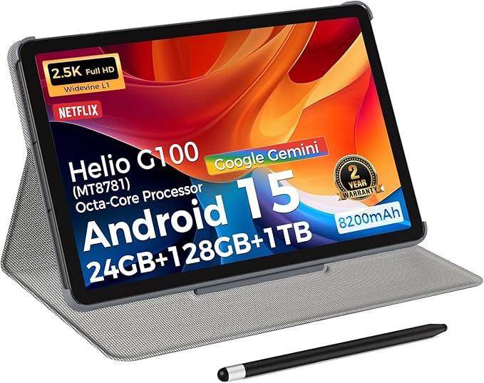 11inch Tablet, Android 15 Tablet 2560 * 1600IPS 2.5K Widevine L1, G100(MT8781) Octa-core Processor, 24GB RAM,128GB ROM, Wi-Fi 6& Bluetooth 5.2, 8200mAh Battery
