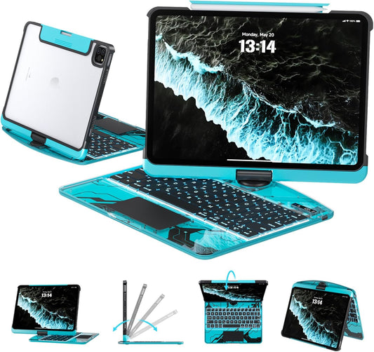 Transparent Case with Keyboard iPad Air (M3/M2,2025/2024) 11 Inch,Compatible 10.9" iPad Air 5th/4th & 11" iPad Pro 4/3/2/1,7-Color Backlit,Wireless Keyboard, 360°Rotating,with trackpad,Blue