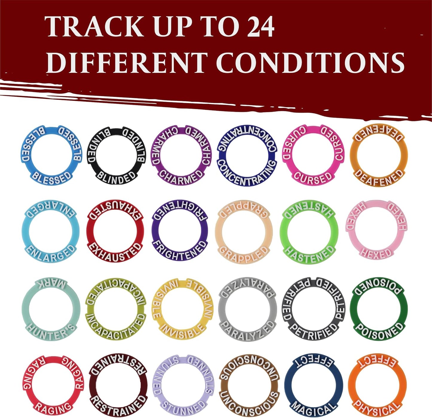 DND Miniatures Condition Markers - 96 Rings to Track 24 Different Status & Spell Effects for RPG/DND Minis Like Dungeons and Dragons 5th Edition & Pathfinder Perfect DnD Gifts & D&D Accessories Tokens