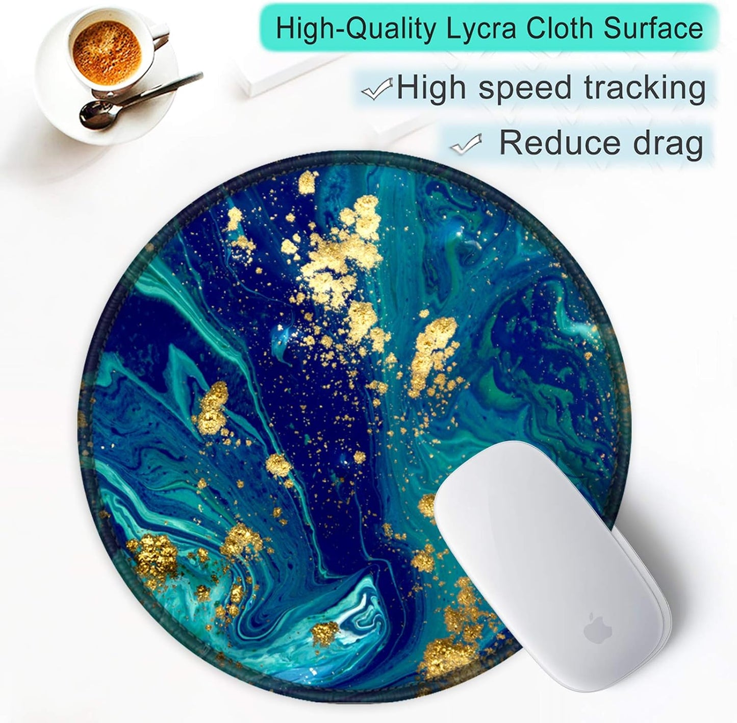 ITNRSIIET Round Mouse Pad with Stitched Edge Premium-Textured Waterproof Non-Slip Rubber Base Desktop Protection Mat Diameter 8.7 inches, Blue Green Marbling