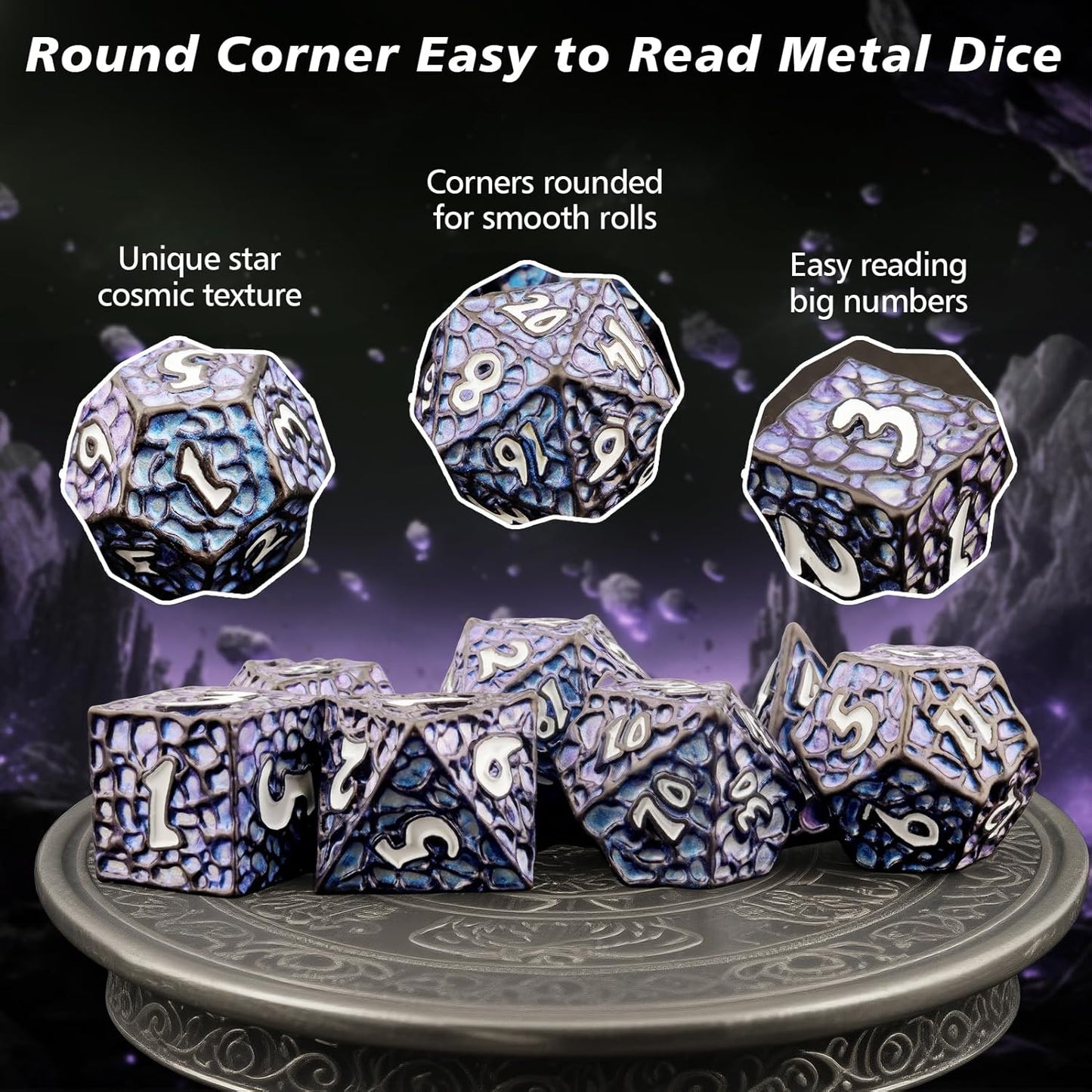 PJOY Metal D&D Dice Set for Dungeons and Dragons Dice with Case Meteorite Black Blue Glitters 7PCS 16mm Role Playing Cool DND Gifts for Players DM Board Game Masters
