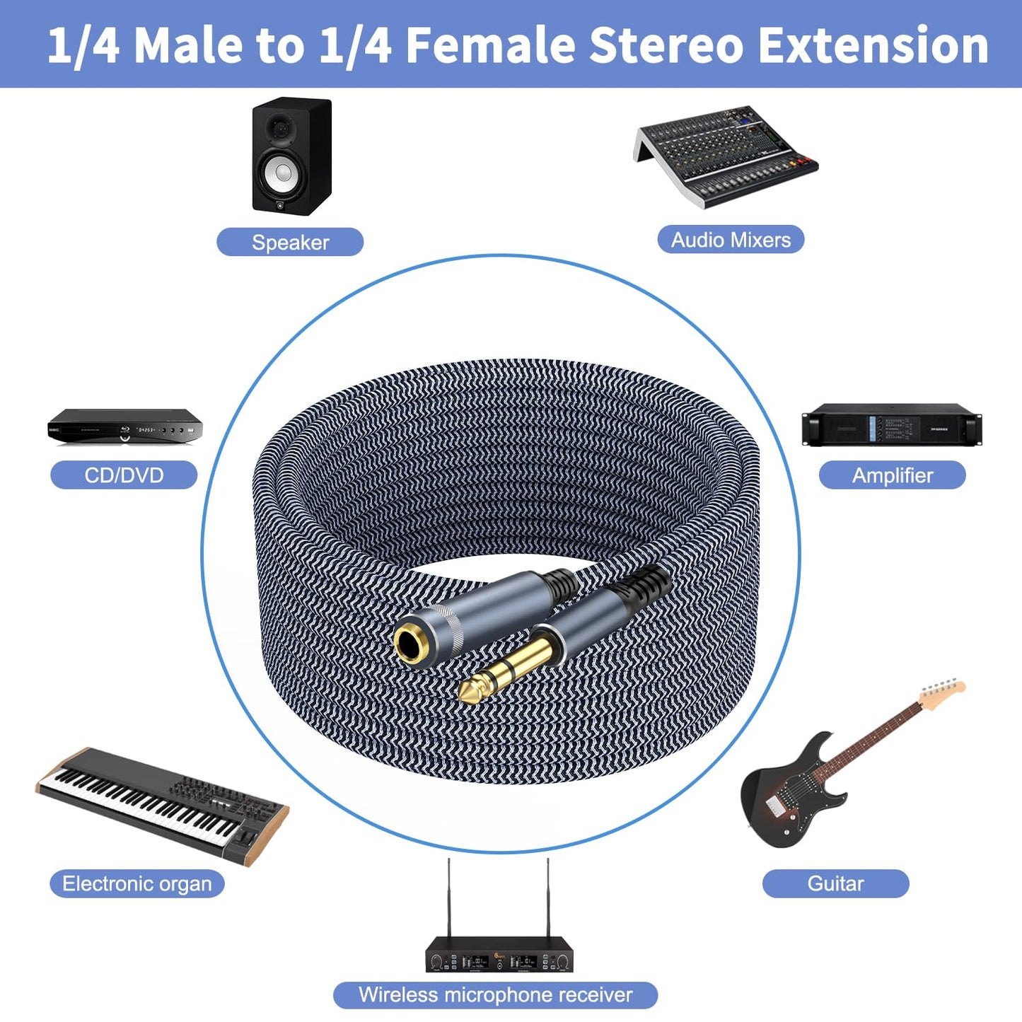 1/4 inch Extension Cable 20ft, 1/4" inch Male to Female Stereo Guitar Extension Cable