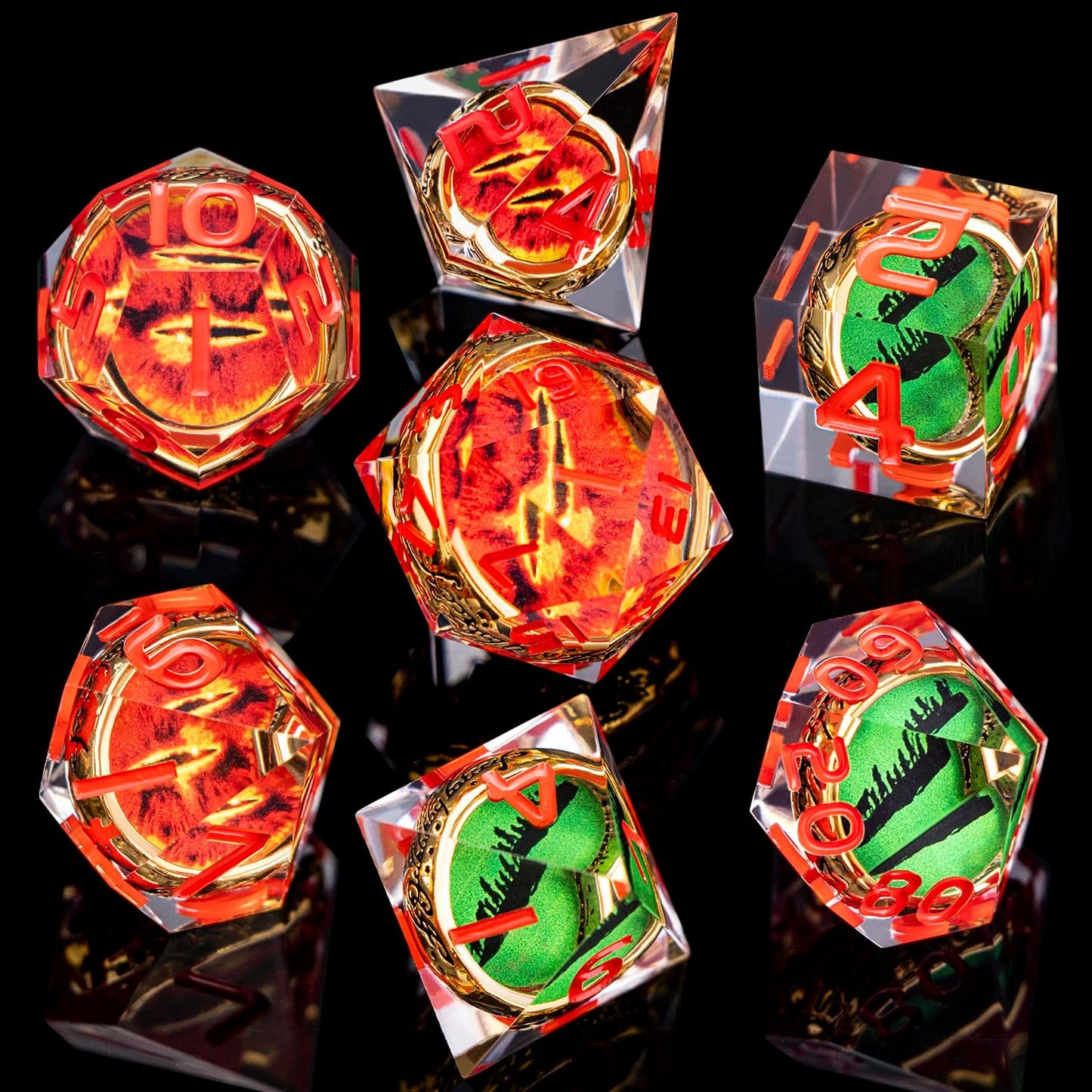 Magic Golden Ring DND Dice Set Sharp Edge Red Gaze Eye Resin Dice with Box, for use with RPG D&D Tabletop Games Lord D and D Polyhedral Dice Set