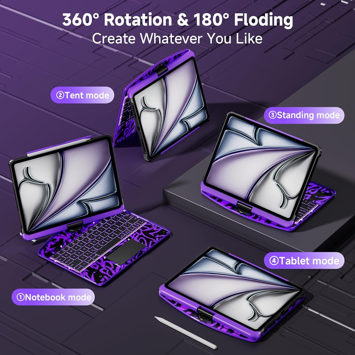 iPad Keyboard Case for 2024 M4 iPad Pro 11 inch, Magic Wireless Keyboard with Trackpad 7 Color Backlit, 360° Rotating Stand Transparent Protective Cover with Pencil Holder (Purple)