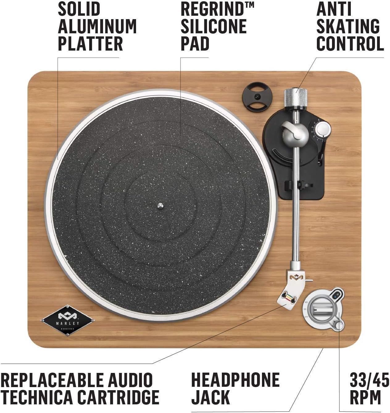 House of Marley Stir It Up Wireless Turntable: Vinyl Record Player with Wireless Bluetooth Connectivity, 2 Speed Belt, Built-in Pre-Amp, and Sustainable Materials