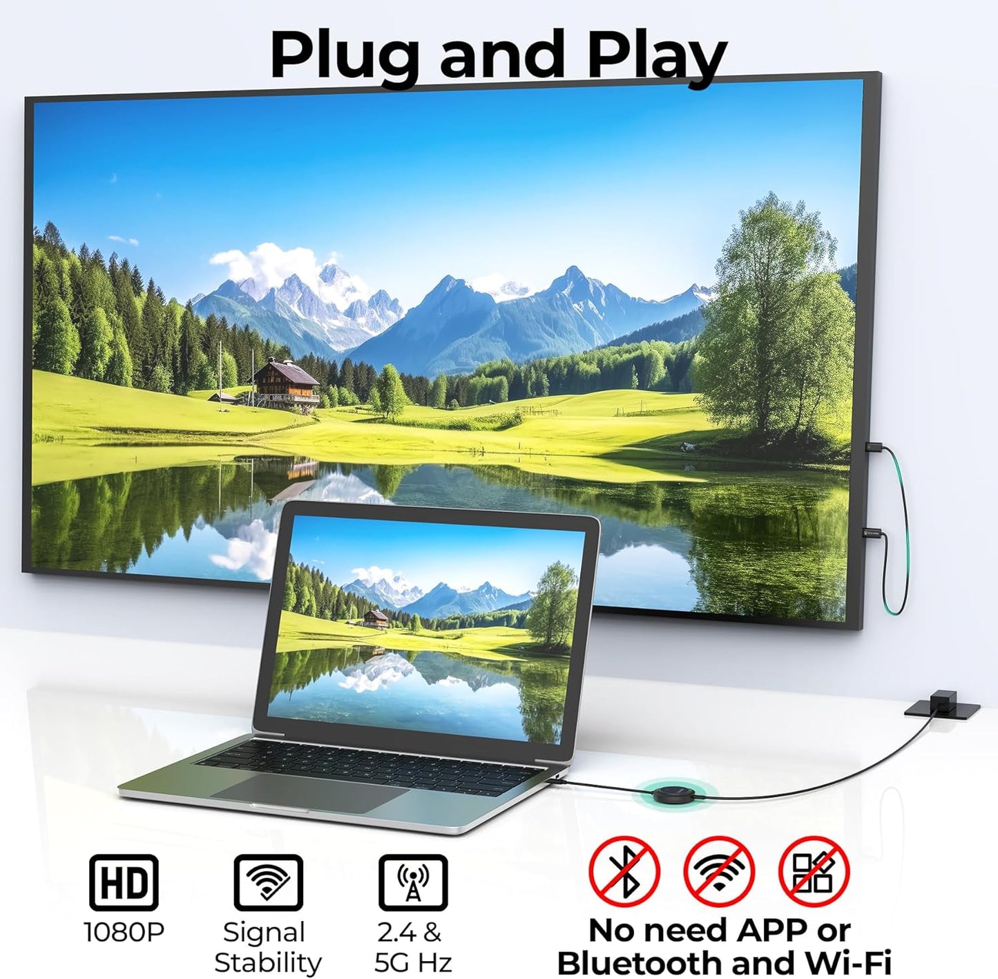 Wireless HDMI Transmitter and Receiver, USB-C to HDMI Extender with PD3.0, Wireless Display Adapter for Streaming Video from Phone/Laptop/Camera to Monitor/Projector, No App/Bluetooth Required