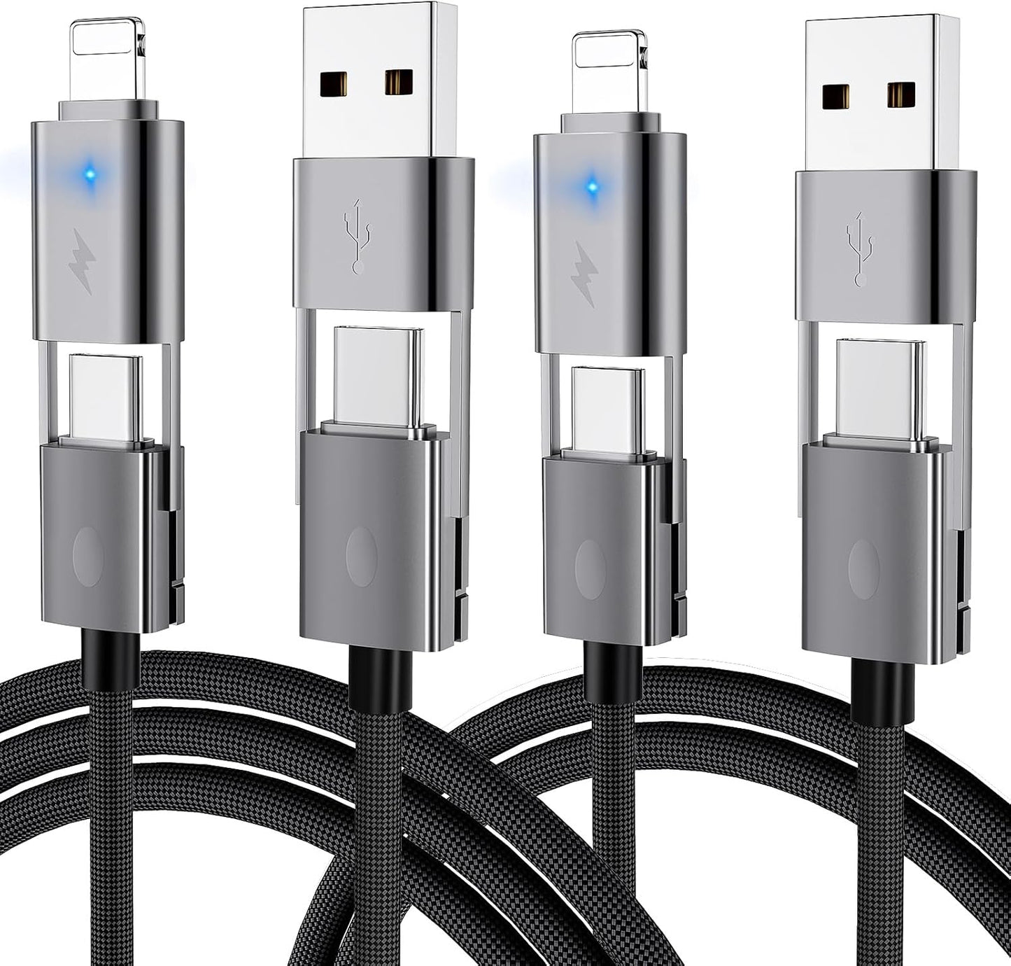 4 in 1 USB C Cable, 2Pack [Upgraded] Multi Fast Charging Cable, PD 65W 27W, 6FT+3FT, Round Braided, Compatible with iPhone/iPad/Samsung/MacBook