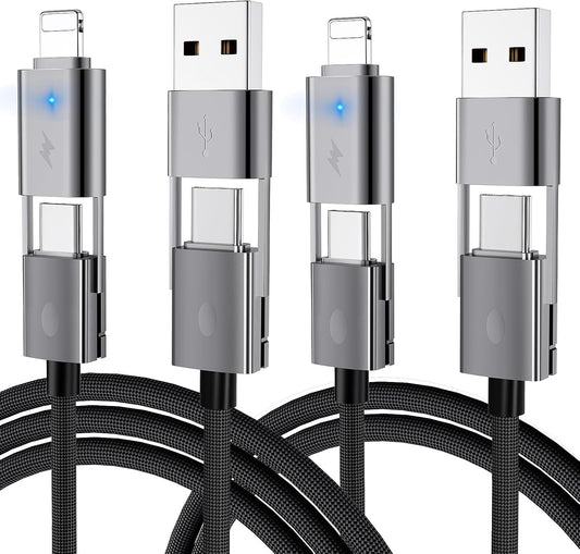 4 in 1 USB C Cable, 2Pack [Upgraded] Multi Fast Charging Cable, PD 65W 27W, 6FT+3FT, Round Braided, Compatible with iPhone/iPad/Samsung/MacBook