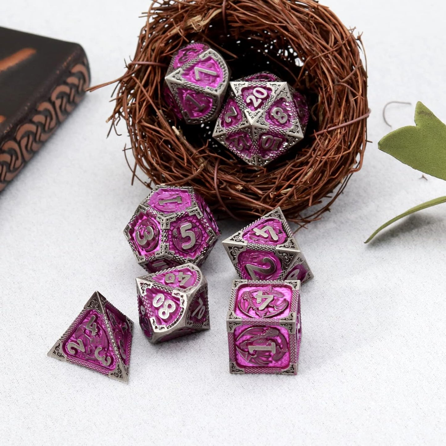 PJOY Metal DND Dice Set with Dice Case Antique Silver Purple Dragon D&D Polyhedral Dice for RPG Role Playing Games Compatible with Dungeons and Dragons TTRPG Gifts