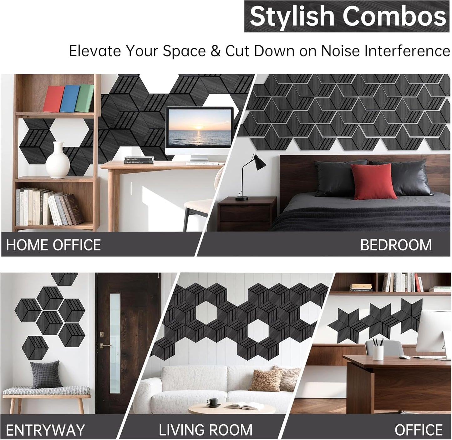 Mollywell Hexagon Acoustic Panels, Black Oak TH4, 14x12x0.4 Inch, 12 Pack |Wood Veneer|High Density Sound Proofing Wall Panels|Self Adhesive Sound Dampening Felt Wall Tiles|Home Theater|Gaming Room|